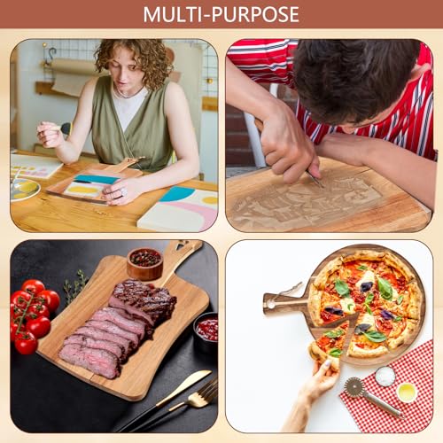 Hsei 2 Pcs Acacia Wood Cutting Board with Handle Wooden Charcuterie Board Large Paddle Carving Chopping Set Butter Serving Tray for Cheese Meat Fruit Pizza Bread Baking(Practical Handle)