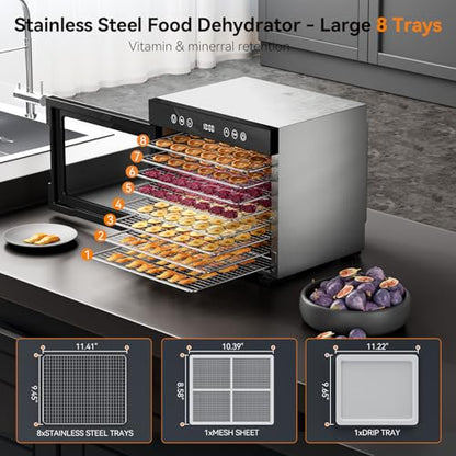 PSIIDAN Food Dehydrator Machine, 8-Tray 650W Stainless Steel Dehydrator with Adjustable Timer & Temp (Up to 167°F), Overheat Protection, Quiet Meat Dehydrator for Jerky, Fruit, Herbs, Dog Treats