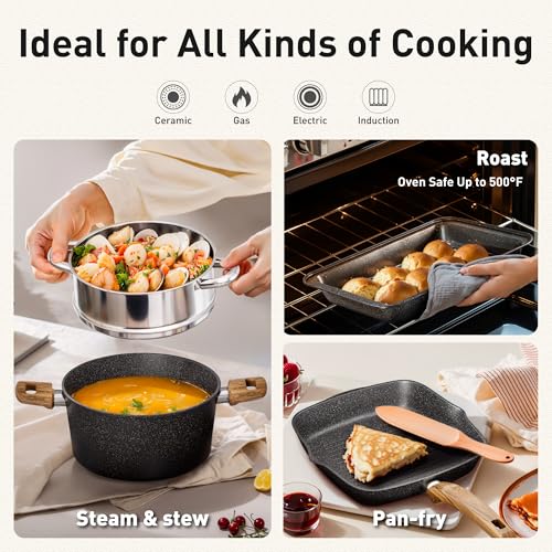 30 Piece Pots and Pans Set Non Stick, Granite Induction Cookware Sets, Nonstick Kitchen Cookware Sets, Non Toxic Cookware Set with Frying Pans and Saucepan, Kitchen Pots and Pans Set, Black