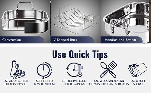 Cooks Standard Stainless Steel Roaster Pan with V-Shaped Rack, Inner 14-Inch x 11-Inch; Edge 15-Inch x 12-Inch; Turkey Roasting Pan Bakeware for Oven, Rectangular