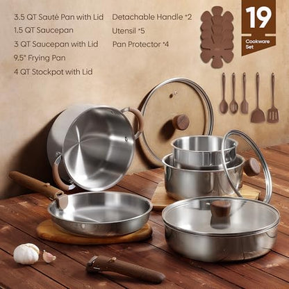 CAROTE 19pcs Stainless Steel Cookware Set with Detachable Handle, Pots and Pans Set, Induction Kitchen Cooking Sets, RV/Camping Cookware, Removable Handle, Oven Safe, Woodgrain, Mothers Day Gifts
