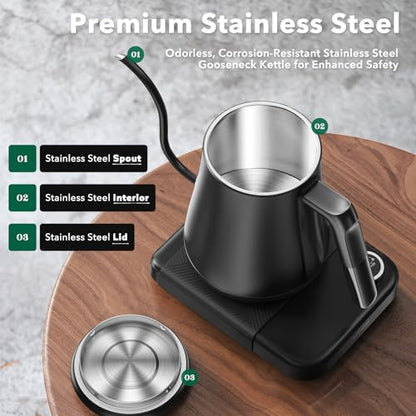 Gooseneck Electric Kettle HIYAKOI with ±1℉ Temperature Control, Pour Over Kettle for Coffee & Tea, 1200W Rapid Heating, Stainless Steel Water Boiler with 12H Keep Warm & Built-in Timer, 0.8L/27oz