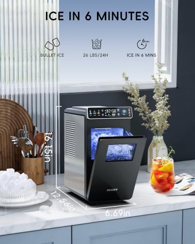 ecozy Small Ice Maker with Full-Color Panel & Timer Function, 26 lbs/Day