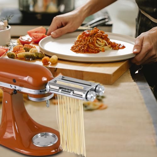 Pasta Maker Attachment for KitchenAid Stand Mixers, 3-in-1 Stainless Steel Pasta Roller & Cutter Set with Spaghetti and Fettuccine Blades, Includes 1 Metal Knob Screw Replacement