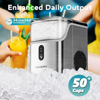 EUHOMY Nugget Ice Makers Countertop, Pebble Ice Maker Machine with 34lbs/24H Soft Ice, Self-Cleaning Sonic Ice Maker with Ice Scoop&Basket, Pellet Ice Maker for Home/Kitchen/Office(Stainless Steels)