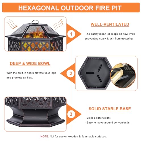 Panovue 28Inch Outdoor Fire Pit, Hexagon Shaped Wood Burning Firepit for Outside Bonfire, Patio, Backyard and Camping (Antique Bronze)