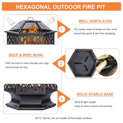 Panovue 28Inch Outdoor Fire Pit, Hexagon Shaped Wood Burning Firepit for Outside Bonfire, Patio, Backyard and Camping (Antique Bronze)