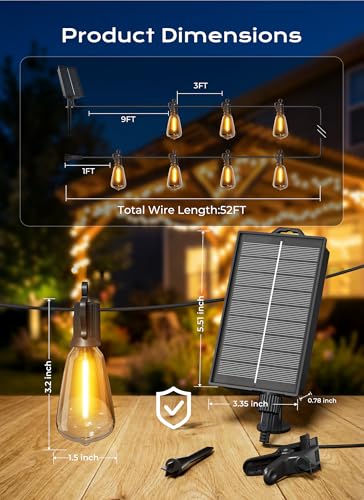 Brightown 52FT Solar String Lights Outdoor Waterproof, Patio Lights with Remote and 15+1 LED Shatterproof Bulbs, Dimmable & Timable, 3 Light Modes, Solar Lights Outdoor for Yard Garden Camping Party