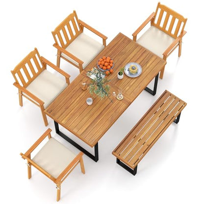 Tangkula 6 Pieces Patio Dining Table Set, 63” Rectangle Acacia Wood Table with Umbrella Hole and 4 Cushioned Armchairs and Backless Bench, Outdoor Dinette Furniture for Garden Yard Kitchen
