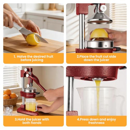 Zeluna Cast Iron Manual Hand Press Juicer for Citrus & Pomegranate,Deep Red