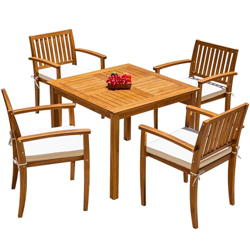 Flamaker 5 Piece Outdoor Dining Set Acacia Wood Patio Table and Chairs with Soft Cushions Patio Furniture for Deck, Backyard, Garden