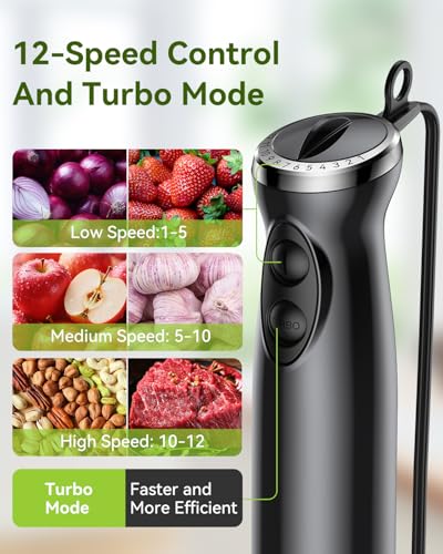 Immersion Blender Handheld Hand Blender, 1000W 5 in 1 Hand Mixer Stick, BPA-Free 12 Speed Handheld Blender 304 Stainless, Mixing Beaker, Chopper, Whisk, Milk Frother, Soup, Smoothies, Baby Food, Sauce