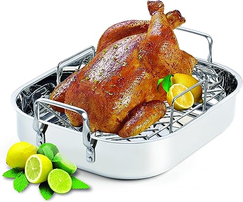 Cooks Standard Stainless Steel Roasting Pan with Rack, Edge 17-Inch x 14-Inch, Large Oven Roaster Pan for Baking Turkey, Chicken, and Veggies，Dishwasher safe