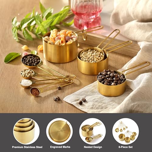 Measuring Cups and Spoons Set, Kaloo 8PCS Stainess Steel Metal Measuring Cups, Gold Finish, Ideal for Cooking and Baking