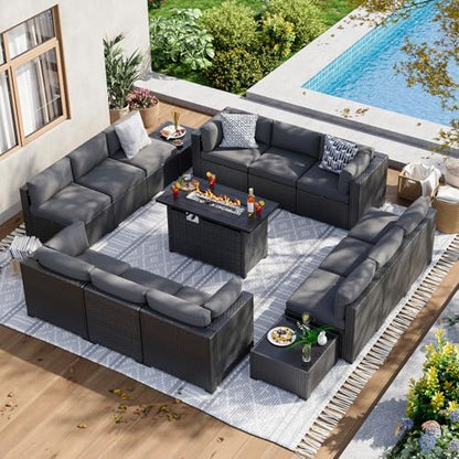 Aoxun 15 Piece Patio Furniture Set with 44” Fire Pit Table Rattan Patio Sectional Sofa Set Outdoor Seating Furniture with Thickened Cushion, Grey