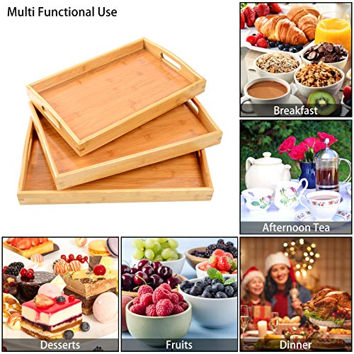 3 Pack Bamboo Serving Trays with Handles, Rectangular Kitchen Food Tray for Eating, Dinner Trays for Eating on Couch, Wood Serving Platter for Breakfast, Tea, Bar, Restaurant, Party or Bed (Beige)