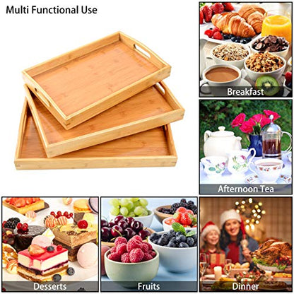 3 Pack Bamboo Serving Trays with Handles, Rectangular Kitchen Food Tray for Eating, Dinner Trays for Eating on Couch, Wood Serving Platter for Breakfast, Tea, Bar, Restaurant, Party or Bed (Beige)