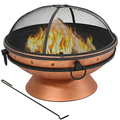 Sunnydaze 30-Inch Large Outdoor Fire Pit - Wood Burning Fire Pit for Outside with Poker and Screen - Copper Finish - Royal Cauldron