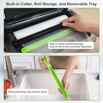 Gasbye 95kPa Precision Vacuum Sealer Machine, Double Heat Seal for Dry/Moist Food, Easy-Lock Handle, Built-in Bag Storage & Cutter, Progress Display, Pulse Mode, Removable Drip Tray, Silver