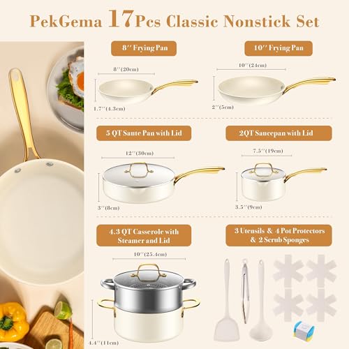 PekGema Ceramic Cookware Set 15-Pieces, Pots and Pans Set Non Stick, Oven Safe Non Toxic, Kitchen Cookware Set, PFOA PTFE FREE, Gold White