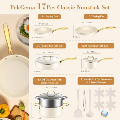 PekGema Ceramic Cookware Set 15-Pieces, Pots and Pans Set Non Stick, Oven Safe Non Toxic, Kitchen Cookware Set, PFOA PTFE FREE, Gold White