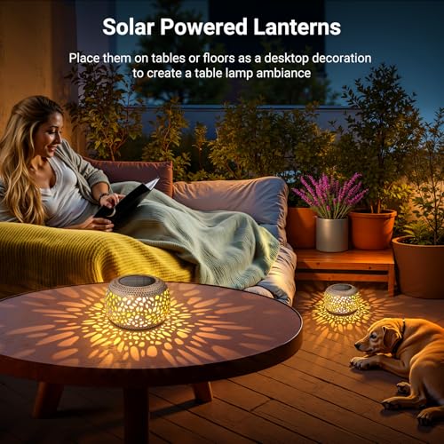 Solar Lanterns Outdoor Waterproof: 2 Pack Hollow Out Retro Metal Lantern Lights - Solar Lantern Decorative - Gardening Gifts for Women Mother's Day, Outside Garden Yard Patio & Indoor Tabletop Decor