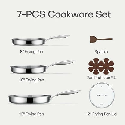 CAROTE 7-Piece Tri-Ply Stainless Steel Frying Pan Set, Skillet Set 8"/10"/12", Induction Compatible, Oven & Dishwasher Safe, Silver Handle