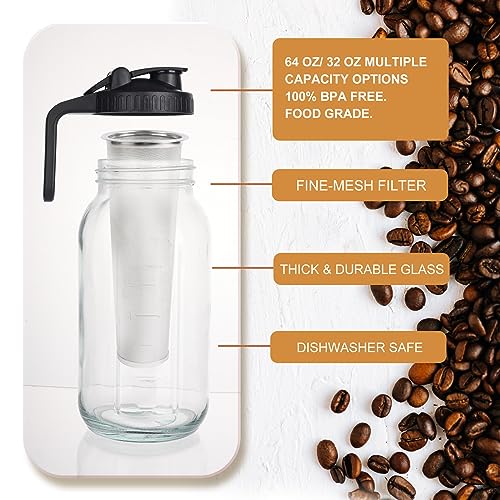 Scidea Cold Brew Coffee Maker, 2 Packs 64oz Mason Jar Pitcher with Durabel Glass & Stainless Steel Mesh Filter, Leak-Proof Glass Pither with Pour Spout Lid
