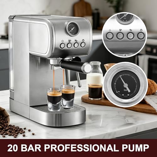 Milaroma Espresso machine 20 Bar, Espresso Maker with Powerful Steam Milk Frother, Stainless Steel Coffee Machine with Fast Heating System for Latte, Cappuccino
