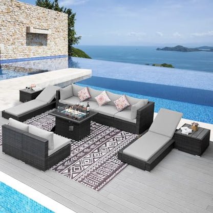 NICESOUL 11-Piece Patio Furniture with Chaise Lounge, Modern Wicker Outdoor Sectional with Fire Pit, Comfortable 29.3'' High-Back Conversation Seating, Heavy Duty All-Weather Couch Set, Light Grey