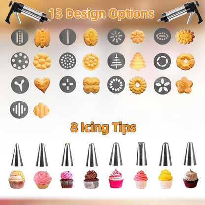 Cookie Press Gun Kit,13 Cookie Discs+8 Icing Nozzles Perfect for DIY Christmas Cookies and Decorating Cookies,Gifts for Mother（black）