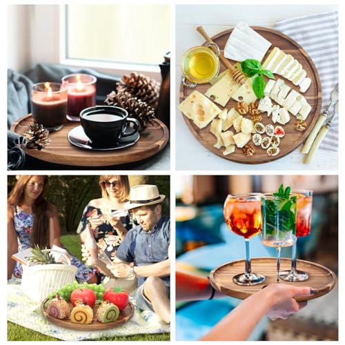 Acacia Round Wood Tray Decorative Serving Trays for Ottoman Coffee Table Candle Holder Tray Kitchen Counter Island Accents Home Decor Circle Circular Wood Centerpiece Trays for Dining Room Table
