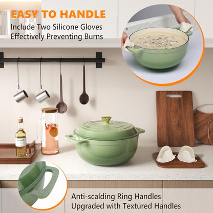 Bonnlo 6QT Round Dutch Oven, Enameled Cast Iron Dutch Oven Pot with Lid & Dual Handles, Oven Safe Up to 500° F, for Sourdough, Bread Baking, Stews and Roasting, Green