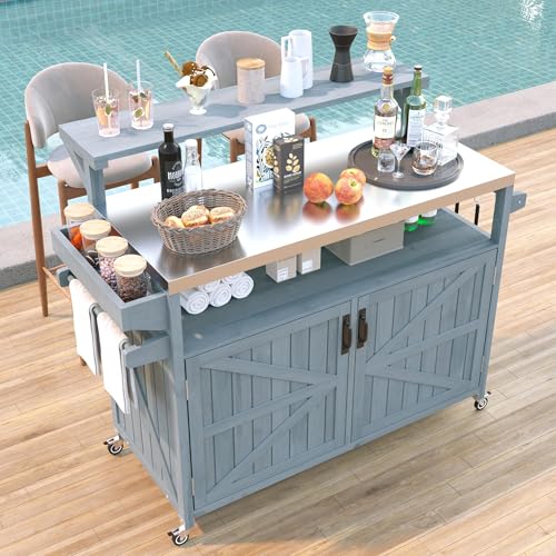 Merax 53.3" Outdoor Kitchen Island with Raised Shelf, Solid Wood Storage Cabinet with Stainless Steel Top, Rolling Grill Cart, Adjustable Shelf, Grey Blue