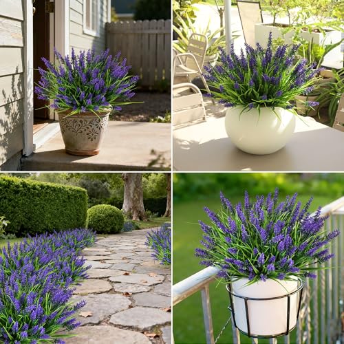 AmberFun 16 Bundles Artificial Plants Outdoor, UV Resistant Fake Lavender & Monkey Grass, Realistic Plastic Faux Plants for Balcony, Patio, Porch Greenery Decor, Planter Filler(Purple)