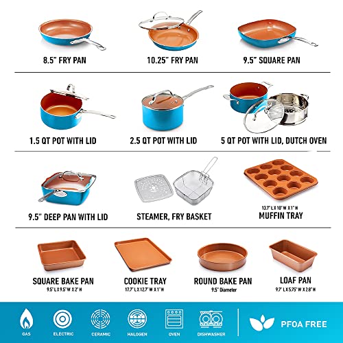 GOTHAM STEEL 20 Piece Copper Pots and Pans Set Nonstick Cookware Set + Complete Ceramic Bakeware Set for Kitchen with Long Lasting Non Stick, Dishwasher/Oven Safe, Non Toxic – Turquoise