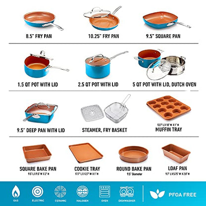 GOTHAM STEEL 20 Piece Copper Pots and Pans Set Nonstick Cookware Set + Complete Ceramic Bakeware Set for Kitchen with Long Lasting Non Stick, Dishwasher/Oven Safe, Non Toxic – Turquoise