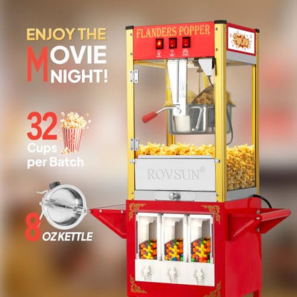 ROVSUN Popcorn Machine Movie Theater Style with Cart & Wheels, 8 Ounce Kettle Makes Up to 32 Cups Popcorn Maker w/Candy Dispensers Scoop Oil Spoon & 3 Popcorn Cups for Commercial Home, ETL Certified