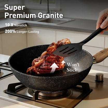 DishDelight Induction Pots and Pans Set Non Stick, 12 Piece Granite Kitchen Cookware Sets, Cooking Pot Set Nonstick Non Toxic, PFOA&PFOS Free, Black