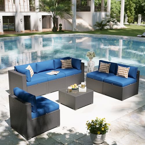 Aoxun Patio Furniture Set, 7 Piece Outdoor Sectional Sofas with Think Cushions, Wicker Rattan Outdoor Furniture Patio Conversation Set for Backyard, Garden Navy Blue