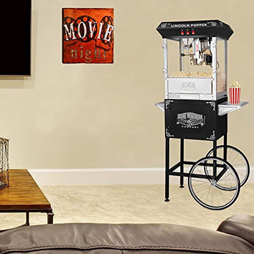 Lincoln Popcorn Machine with Cart - 8oz Popper with Stainless-Steel Kettle, Warming Light, and Accessories by Great Northern Popcorn (Black)