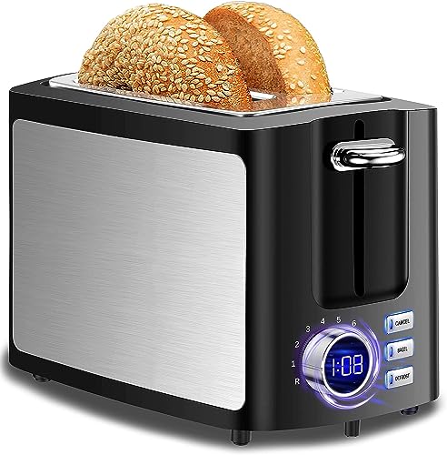 Toaster 2 Slice Wide Slot Toaster Best Rated Prime Display Smart Toasters with LCD Digital Countdown Timer and Bagel/Defrost/Cancel/Reheat Function
