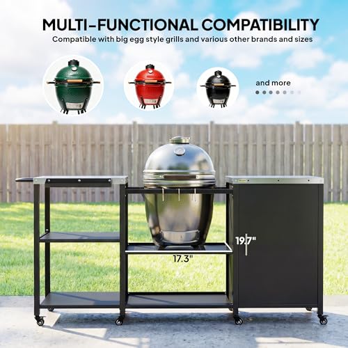 Outsunny Grill Table for Big Green Egg Grill, Heavy Duty Metal BBQ Prep Table with Stainless Steel Top, Storage Cabinet, Spice Rack, Paper Towel Rack, Outdoor Kitchen Island with Wheels, Hooks, Handle
