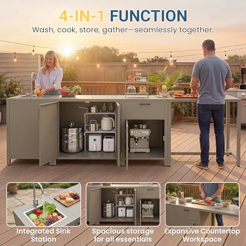 Wisteria Lane Outdoor Storage Cabinet with Stainless Steel Sink, Aluminum Modular Outdoor Kitchen, All Wheather Kitchen Island with Storage, Patio Bar Table for BBQ, Porch，Backyard
