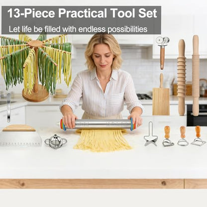 Professional 13 PCS Pasta Making Tools Set,Including Stainless Steel Adjustable Rolling Pin, Pasta Drying Rack, Ravioli Mold Cutter, Pasta Maker Kit for Homemade Fettuccine, Lasagna, Gnocchi, Dumpling