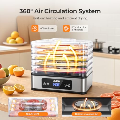 OSTBA Food Dehydrator, 5 Stainless Steel Trays, 160°F Temp Control, 400W