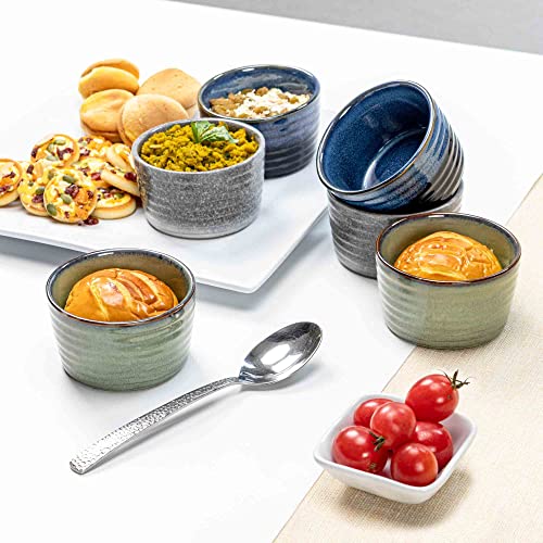 Henten Home Ceramic 8 oz Ramekins Set of 6, Porcelain Souffle and Creme Brulee Ramekins, Oven Safe Small Bowls, Reactive Glaze (Blue)