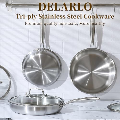 DELARLO Tri-Ply Stainless Steel Pan, 18/10 Frying Pan, Oven Safe Up to 600°F, Nontoxic Cookware, Compatible with All Cooktops Skillet, Durable, Fast Even Heat Fry Pan,9" Pan with Lid