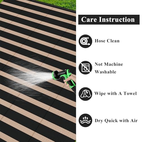 Vaukki Waterproof Outdoor Rug 5x8, Reversible Striped Patio Rug, Lightweight Plastic Straw Camping Mat, Indoor Outdoor RV Carpet for Outsides, Patio, Camping, Balcony, RV and Deck, Black and Beige