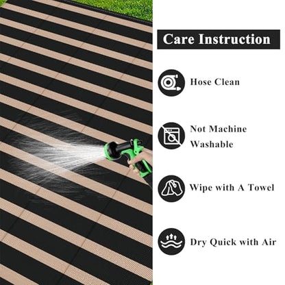 Vaukki Waterproof Outdoor Rug 5x8, Reversible Striped Patio Rug, Lightweight Plastic Straw Camping Mat, Indoor Outdoor RV Carpet for Outsides, Patio, Camping, Balcony, RV and Deck, Black and Beige
